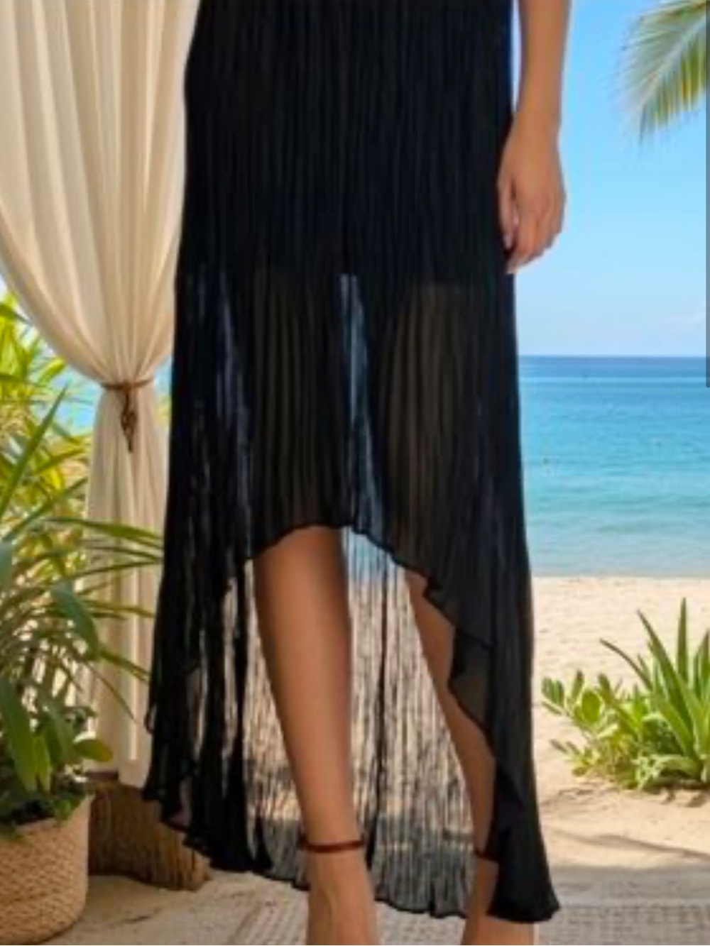 Alice + Olivia Black Asymmetric Fringe Midi Skirt
